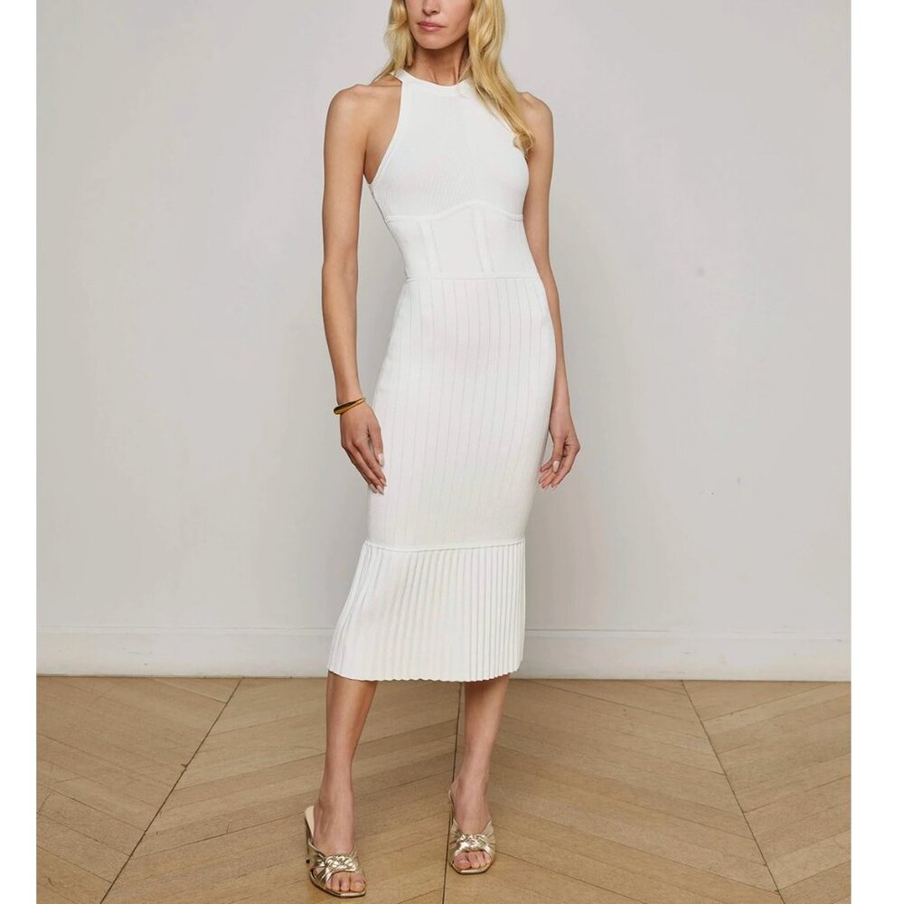 NWT L'AGENCE Kimi Pleat Hem Midi Dress - White Ivory French Knit Quiet Lux - Picture 3 of 12